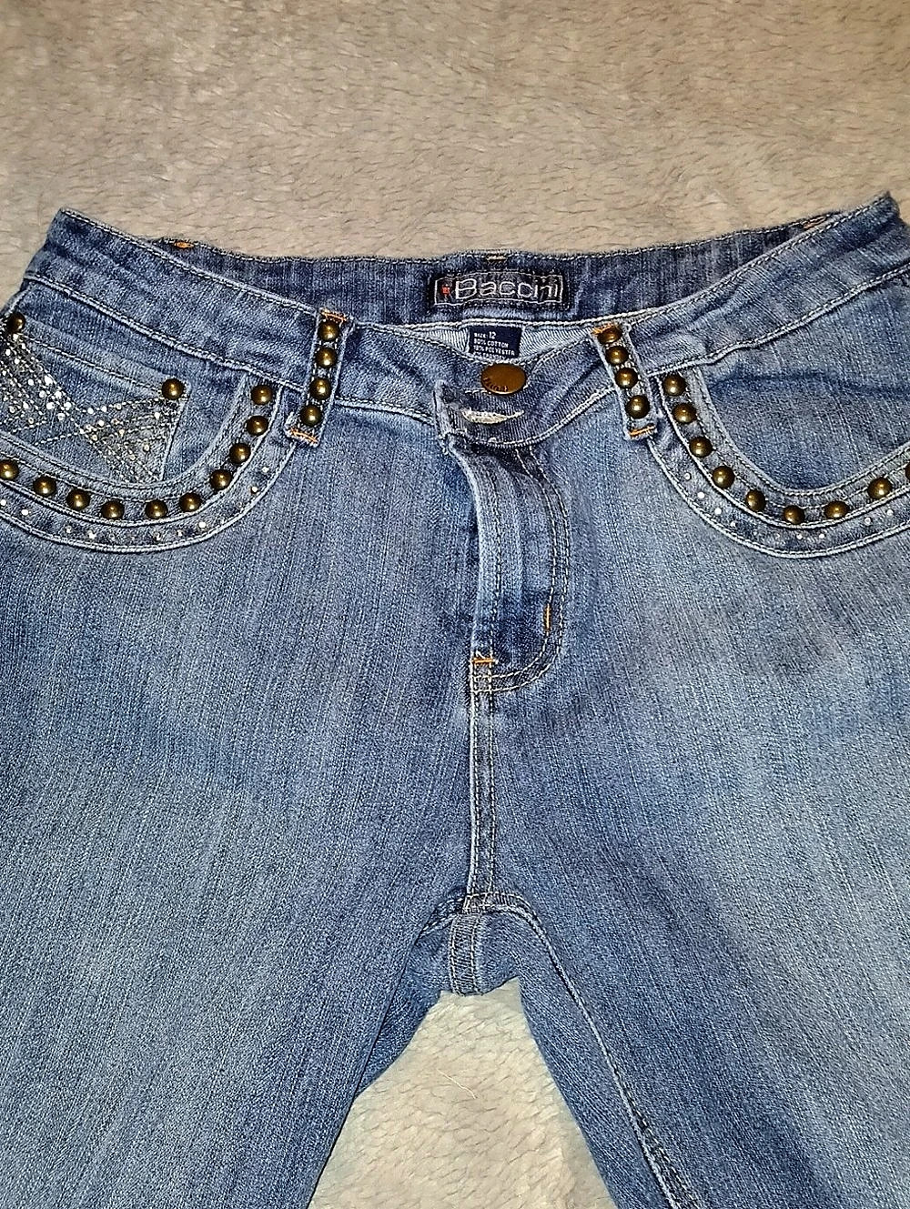 Bassini Wide Leg Embellished Jeans in Blue Waist 12